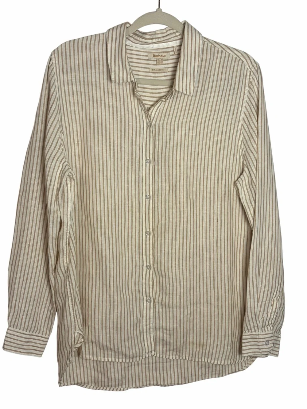 Barbour Striped Button Up 100% Linen Shirt Tan Beige Women’s 12 TINY STAIN
